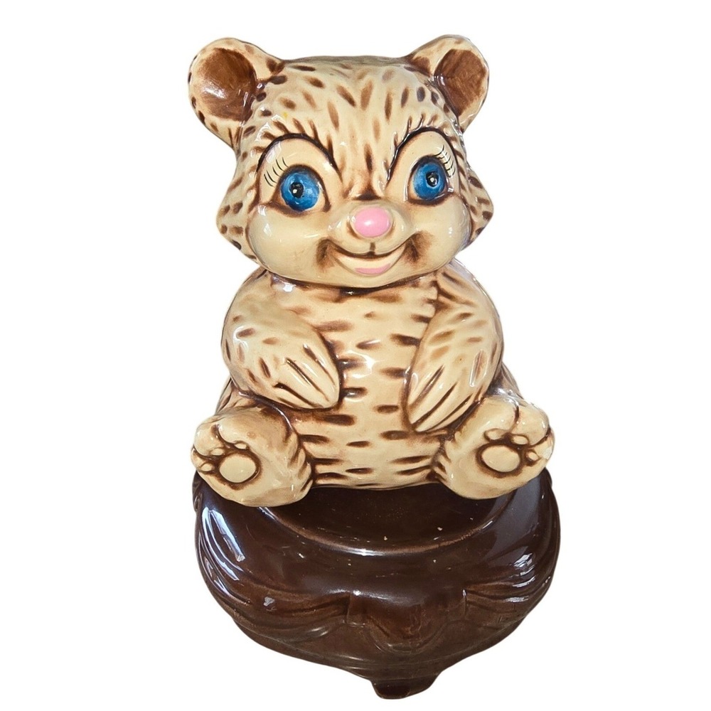 Vintage Ceramic Bear Blue Eyes Kitsch Retro Animal Pottery piggy bank music spin